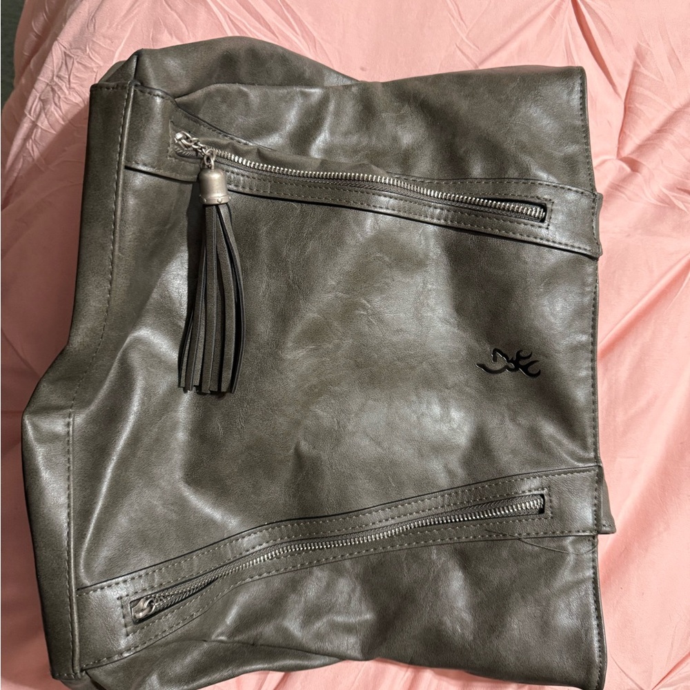 Olive Green Faux Leather Tote with Tassel